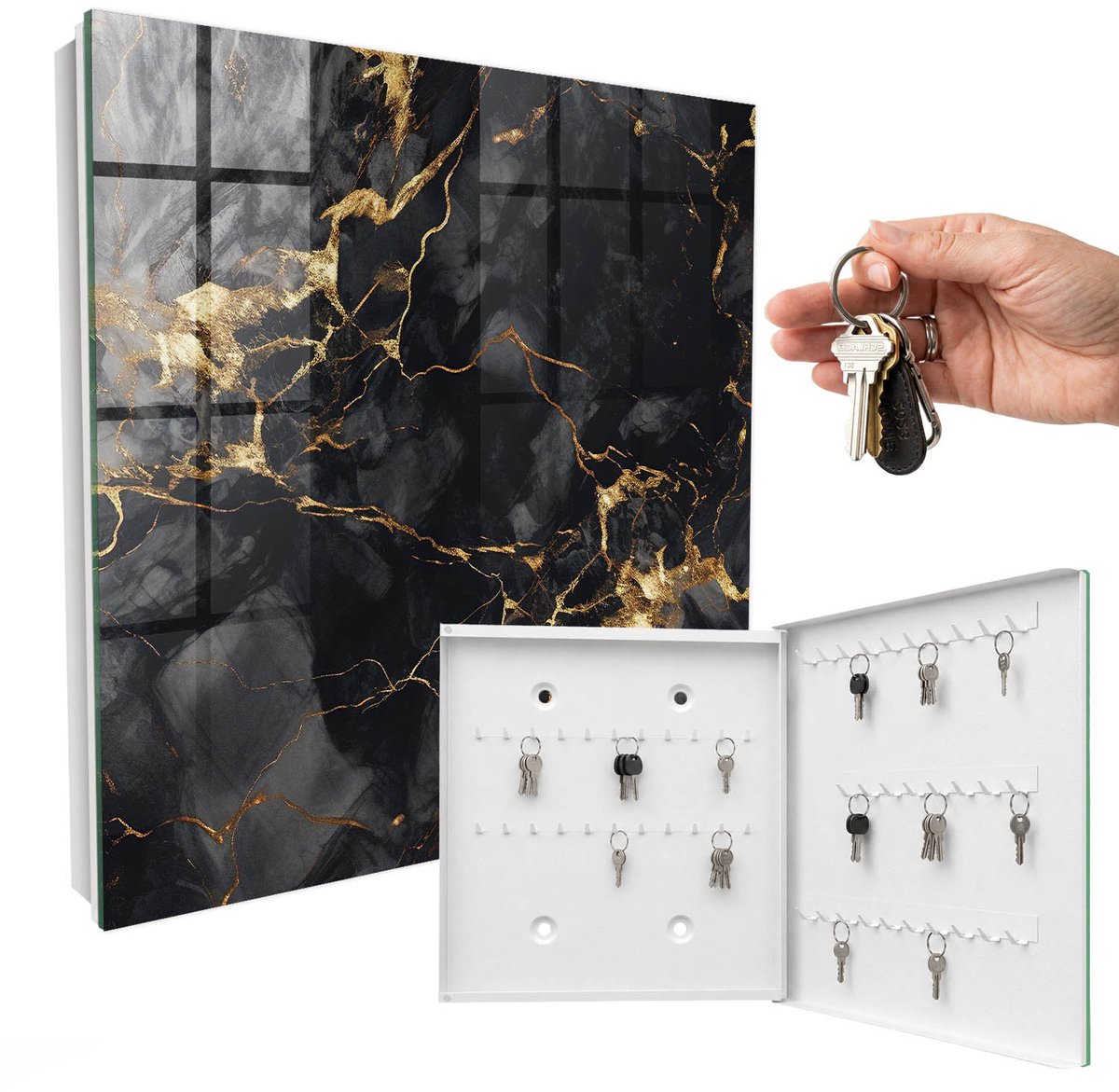 WallMuralia - Sleutelkast - 30x30x5 cm - met 50 haken - Zwart Marmer Sleutelkastje Muur - Zwart Sleutelbox - Rechtsopenend - Wit interieur