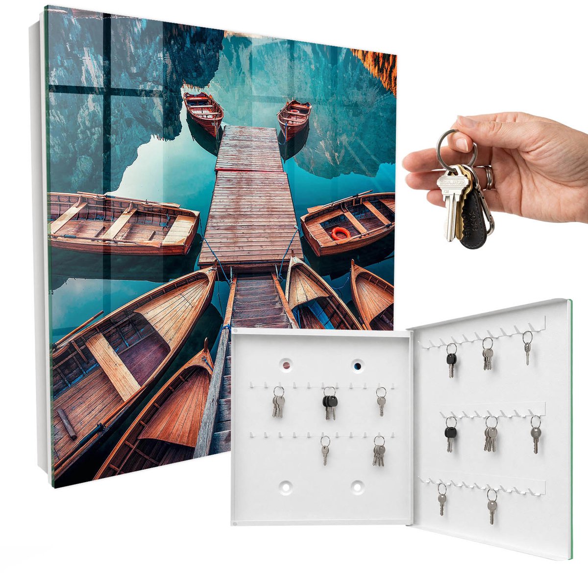 WallMuralia - Sleutelkast - 30x30x5 cm - met 50 haken - Berglandschap Sleutelkastje Voor Binnen - Blauw Sleutelbox - Rechtsopenend - Wit interieur