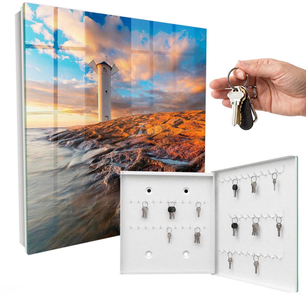 WallMuralia - Sleutelkast - 30x30x5 cm - met 50 haken - Vuurtoren Sleutelkastje Modern - Blauw Sleutelbox - Rechtsopenend - Wit interieur