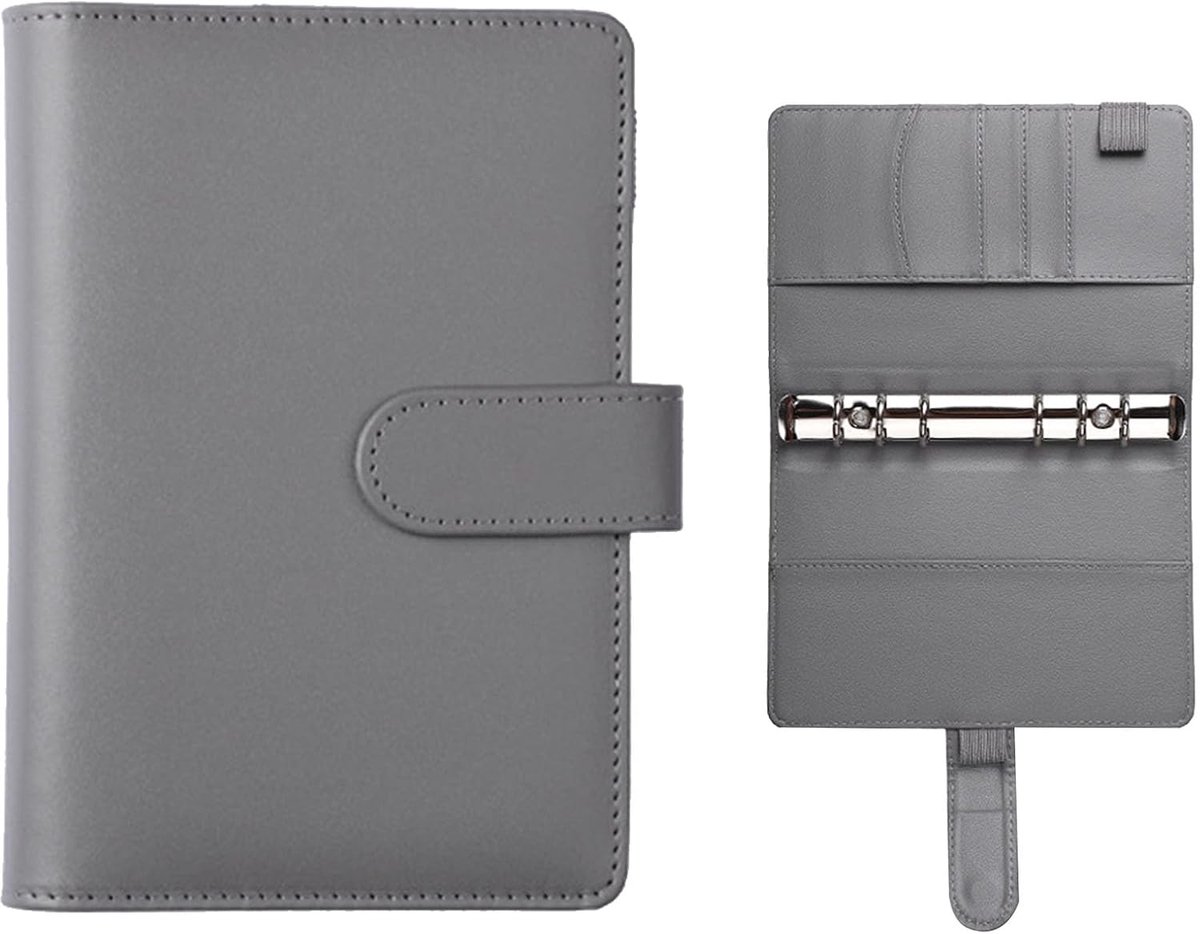 SnelShoppen - A6 Ringbinder PU Leer Herbruikbare Budget Planner Grijs - Duurzaam, Waterproof, Multifunctioneel, Met Kaartslots en Ruime Vakken