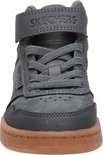 Vooraanzicht van grijze Skechers veterboot met bruine zool.