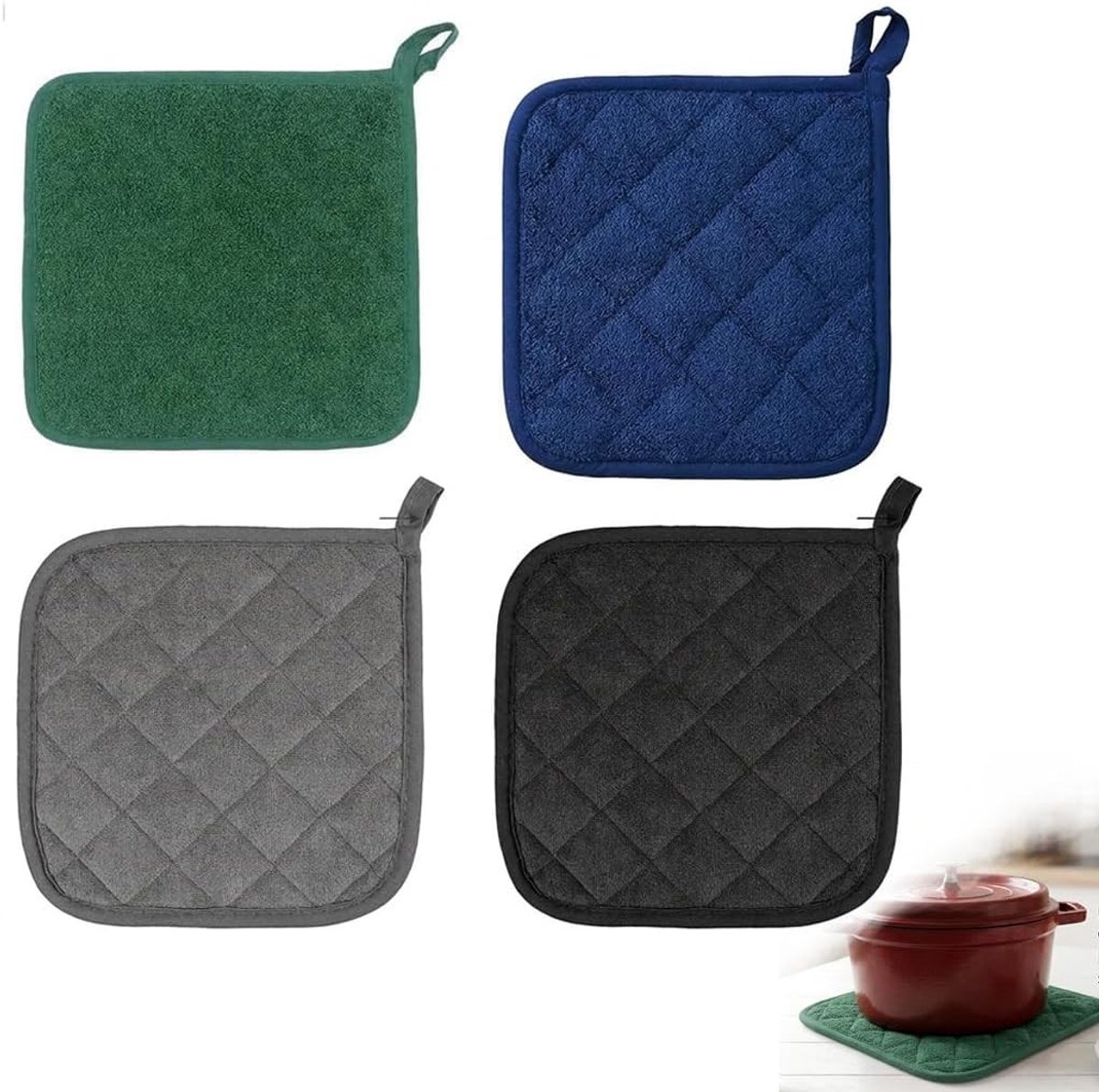 Set van 4 hittebestendige pannenlappen van katoen voor de keuken, 288 °C, 18 x 18 cm, zwart, groen, grijs, donkerblauw, ideaal voor potten en pannen