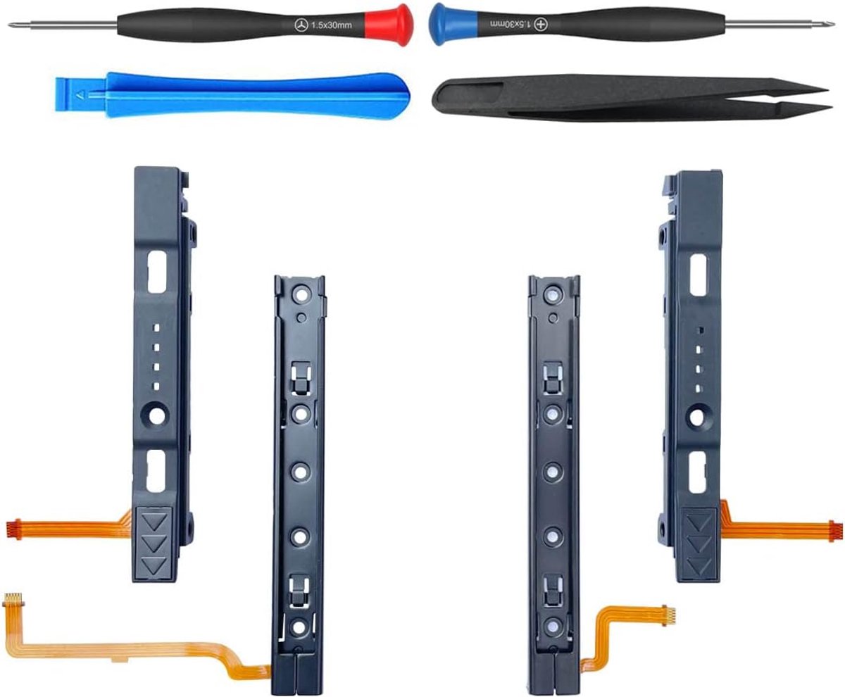Schuifrailvervanging voor Nintendo Switch HAC-001 en Joy Con Controller, L/R Metalen Spoor Glijrail en Kunststof Schuif met Flexibele Kabelconnector, Reparatieonderdeel en Gereedschapsset