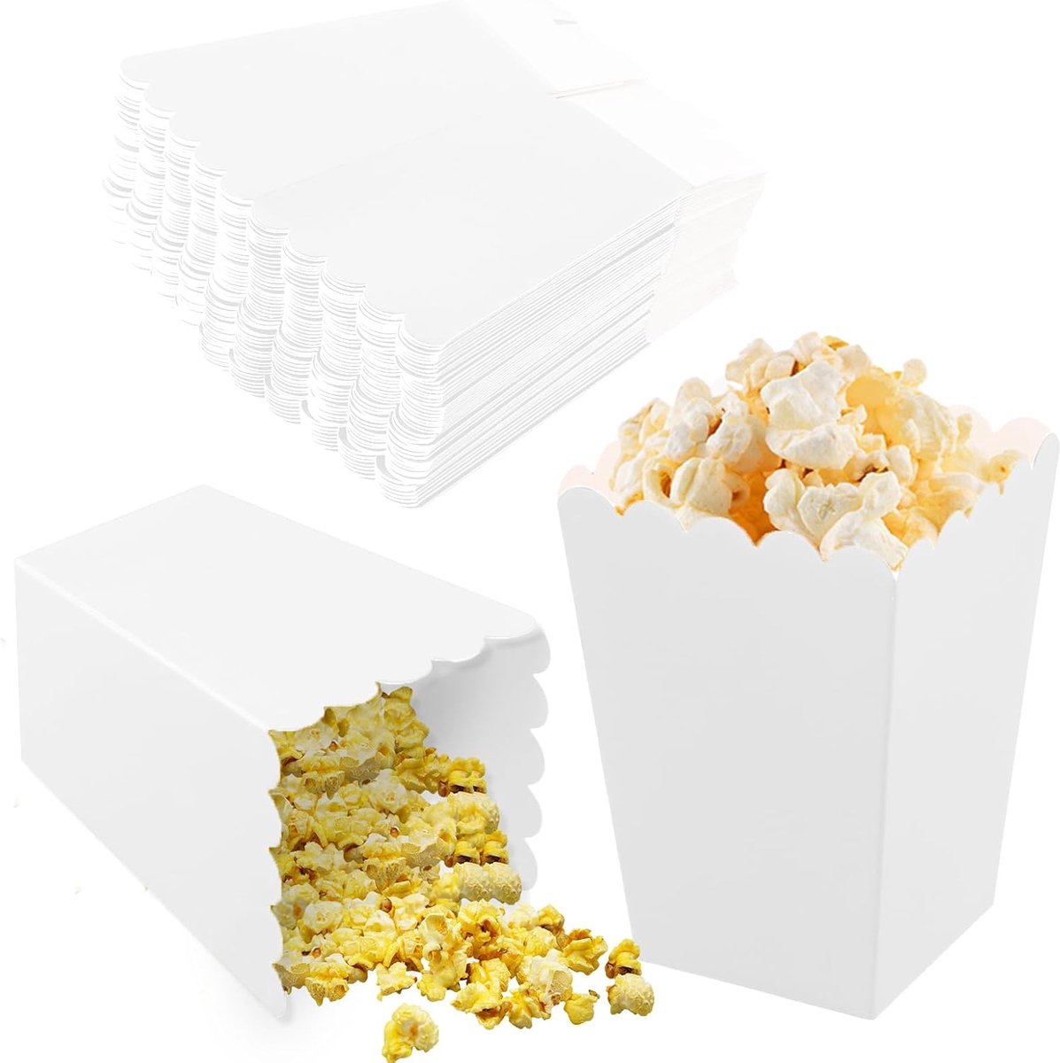 50 stuks mini popcorndozen, 3 kleuren popcorn gunstdozen, popcornzakken, popcorndoos, papieren popcorncontainers voor film, nachtfeest, verjaardag, bruiloft, theater, carnaval (wit)