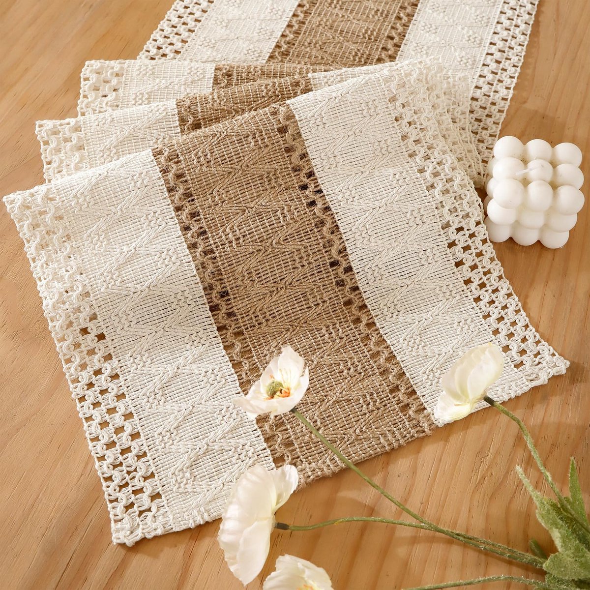 jute tafelloper natuurlijk 30 x 100 cm, wit, macramé, Boheems