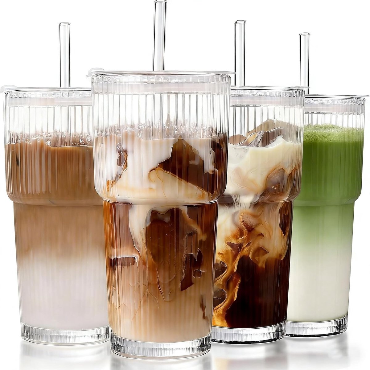 Glazen Bekers - Set Mokken - IJskoffie Smoothies - Geribbeld Ontwerp - 600 ml 4 Stuks