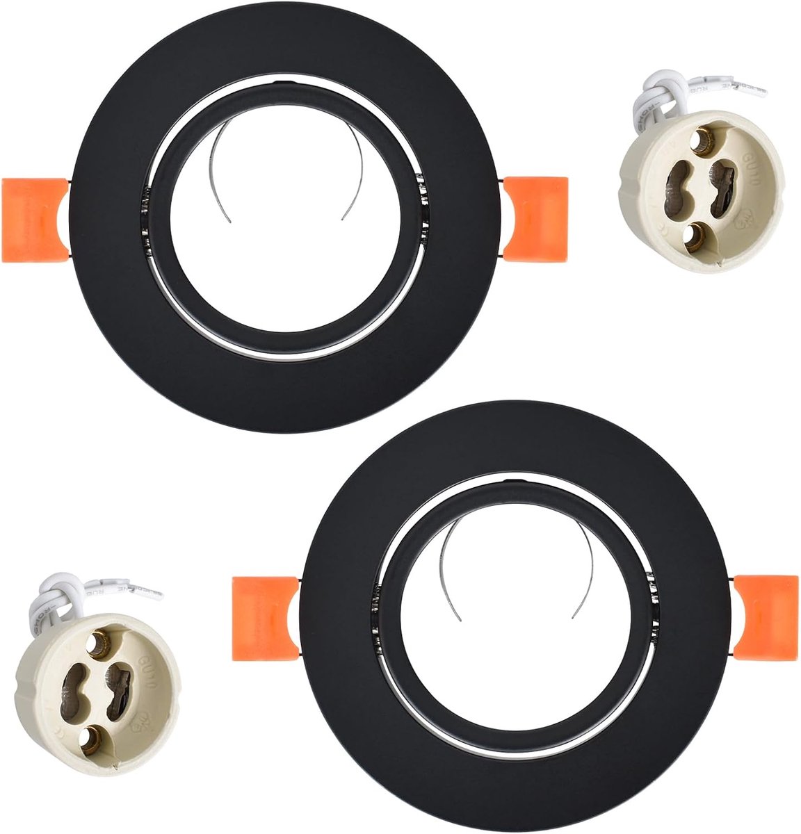 Led-inbouwspot, 230 V, IP44 frame, met GU10-fitting, aluminium plafondspots, zwart, rond, plat, led-spots, inbouwframe, 68 mm gatmaat voor buiten en binnen, 2 stuks