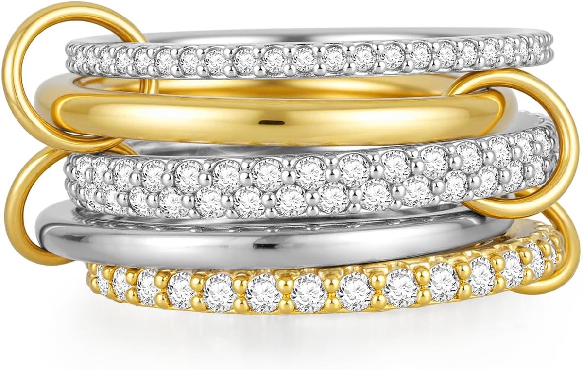 Stackable Rings Women, Gold Silver Mixed Metel Band, Size 7 5Pcs Non