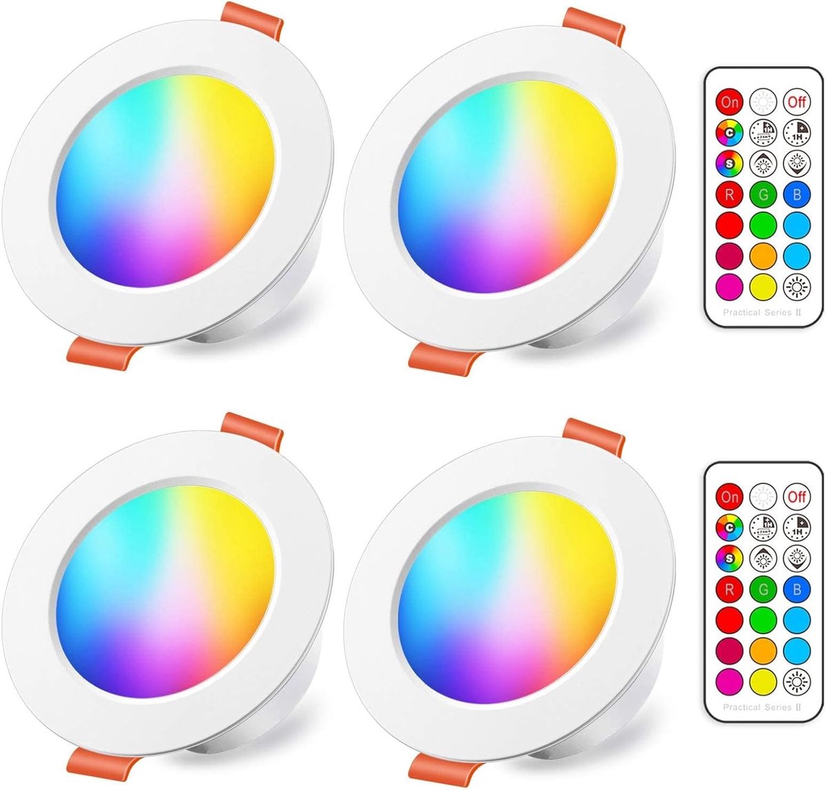 iLC Led-inbouwspot 8 W (komt overeen met 60 W), kleurrijke RGBW RGB 2700 K bol warm wit IP44 kleur meerkleurig met afstandsbediening binnen voor gipsplaat gat Ø68-85 mm (4 stuks)