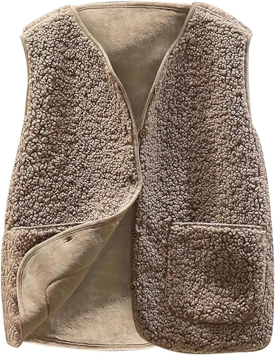 Vest voor dames, mouwloos fleecevest voor dames, effen, V-hals, knopen, teddy, vest, kort, pluche vest voor dames