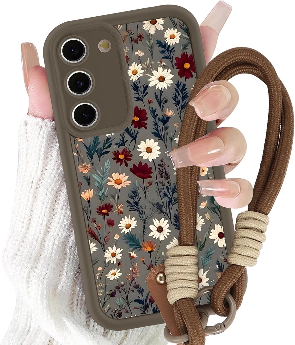 Beschermhoes voor Samsung Galaxy S23 5G met polsband, siliconen beschermhoes met esthetisch bloemenmotief, schokbestendig, beschermhoes met sleutelkoord voor Samsung S23 5G 6,1 inch, bruin