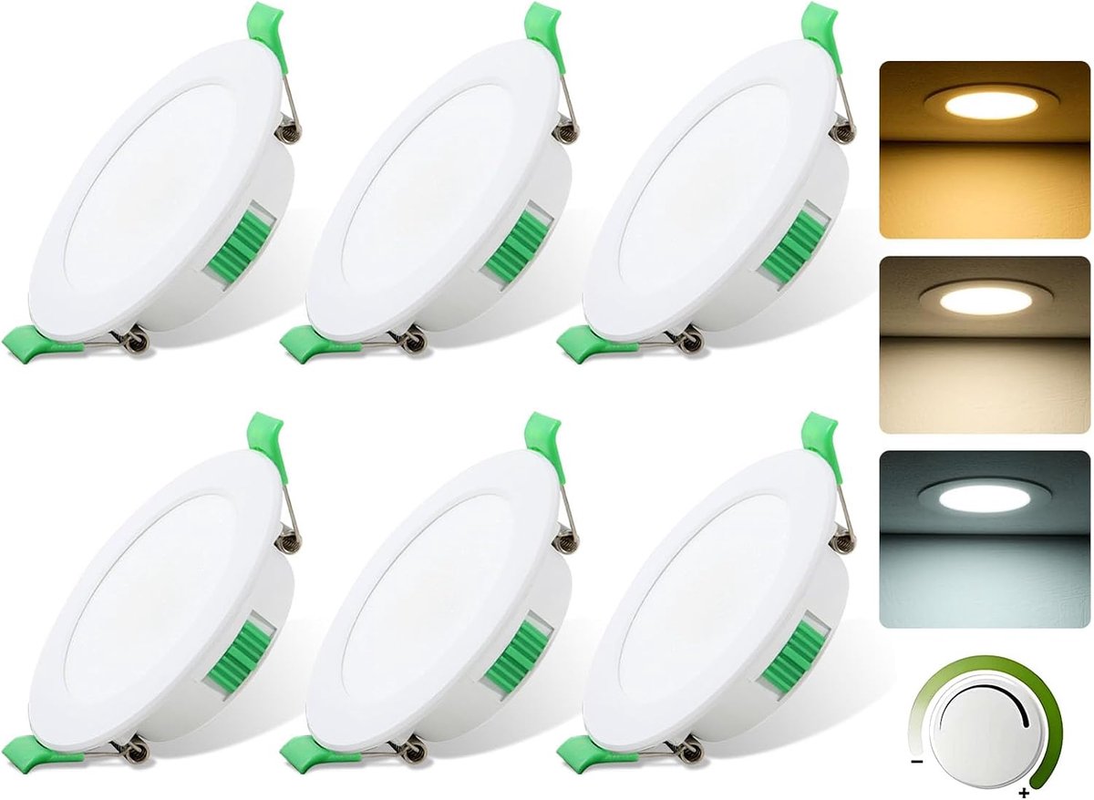 230 V, 7 W, dimbaar, badkamerspot, voor 68 mm - 78 mm, snijmaat, 3000 K/4000 K/6500 K, verstelbaar, led-plafond, IP44 waterdicht, voor badkamer, woonkamer, set van 6