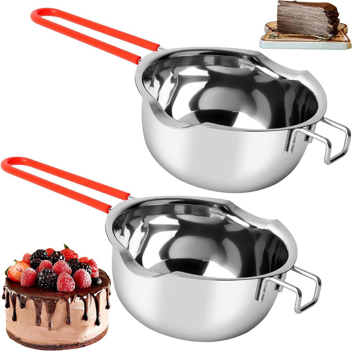 2 stuks smeltkookpot uit metaal met rode hittebestendige silikonhandgreep voor chocolade, boter, waks - waterbad smeltbak, smeltkookpot