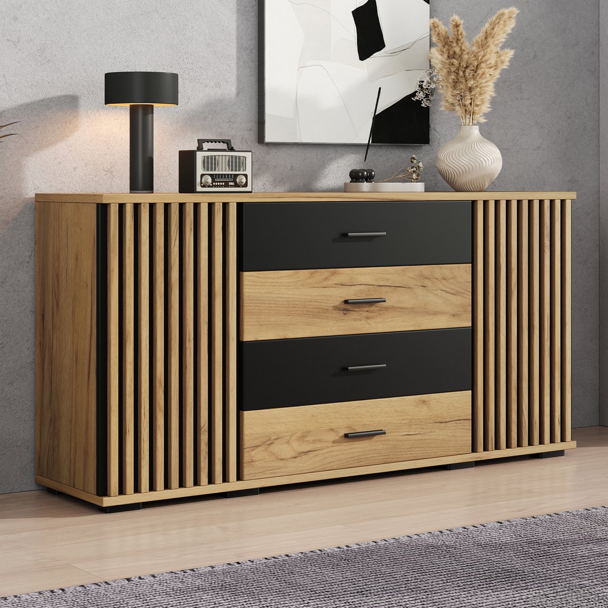 MIVRAY Dressoir - Met Vier Lades En Twee Deuren - Voor Woonkamer En Eetkamer - MDF In Eiken Zwart - 140x35x70 Cm