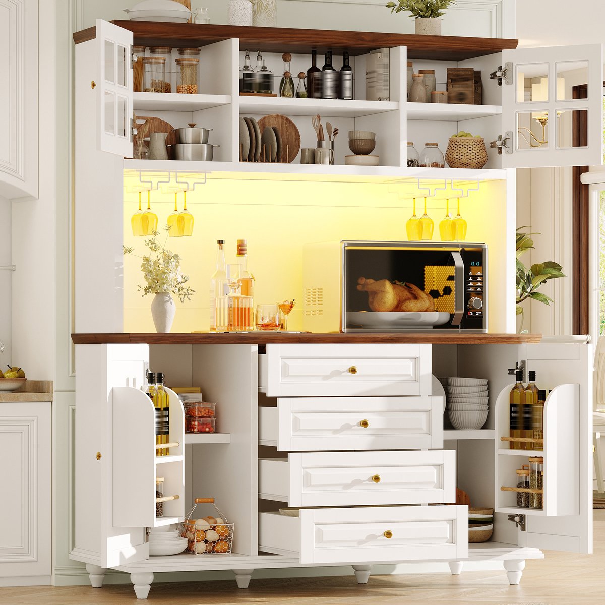 MIVRAY Keukenkast - Highboard Met RGB Led Verlichting En Verstelbare Planken - Metalen Wijnglashouder En 4 Laden - Wit - 140x40x179,5 Cm