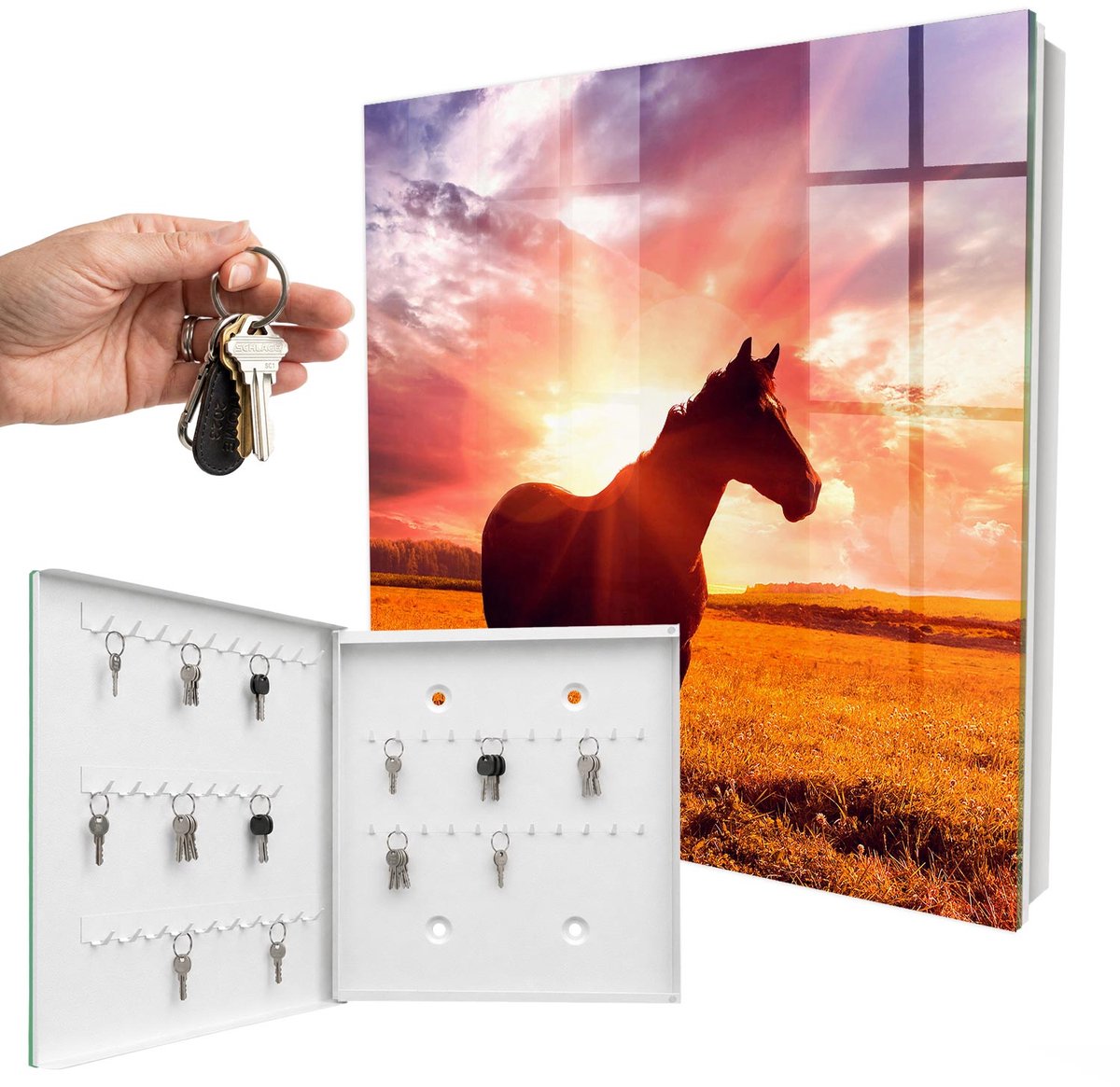 WallMuralia - Sleutelkast - 30x30x5 cm - met 50 haken - Paard In De Zon Sleutelkastje Muur - Oranje Sleutelbox - Linksopenend - Wit interieur