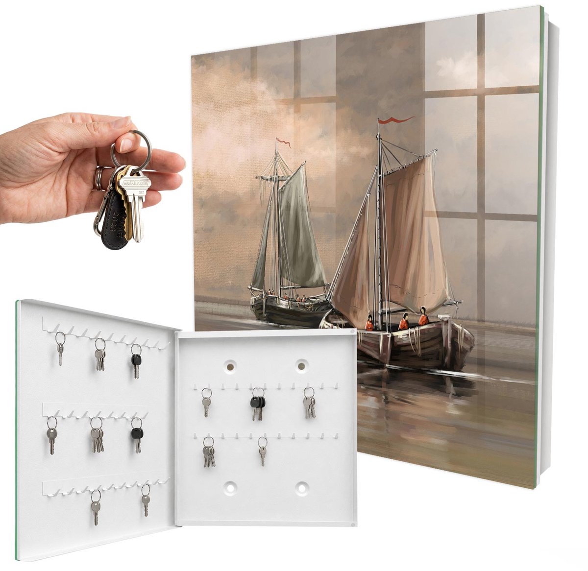 WallMuralia - Sleutelkast - 30x30x5 cm - met 50 haken - Zeezeilschepen Sleutelkastje Landelijk - Beige Sleutelbox - Linksopenend - Wit interieur