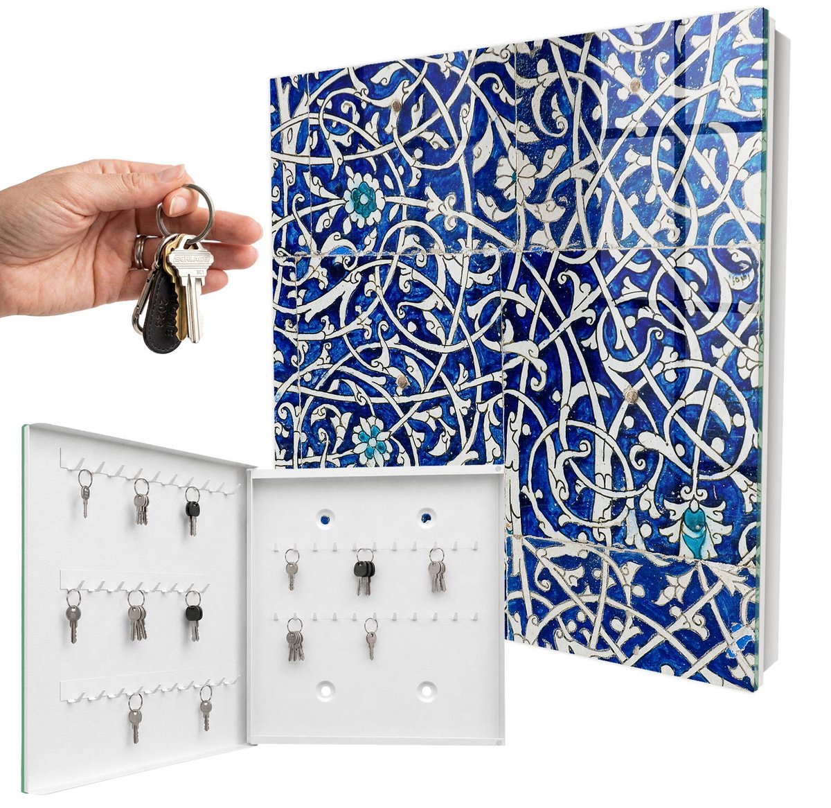 WallMuralia - Sleutelkast - 30x30x5 cm - met 50 haken - Blauwe Arabesk Sleutelkastje Binnen - Blauw Sleutelbox - Linksopenend - Wit interieur