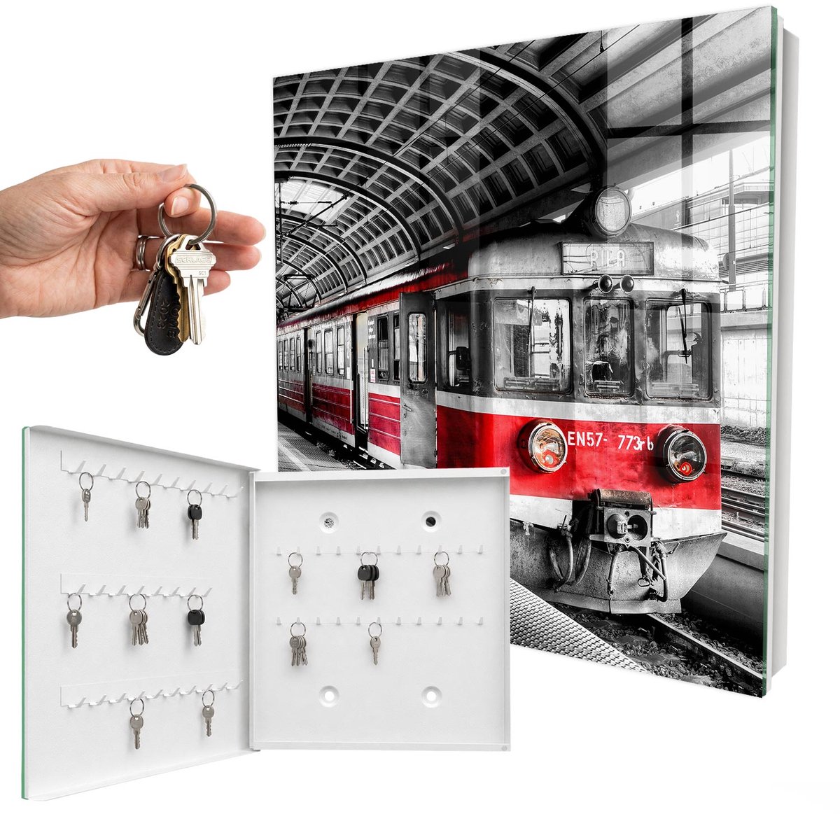 WallMuralia - Sleutelkast - 30x30x5 cm - met 50 haken - Spoorwegsymmetrie Sleutelkastje Gang - Zwart Sleutelbox - Linksopenend - Wit interieur