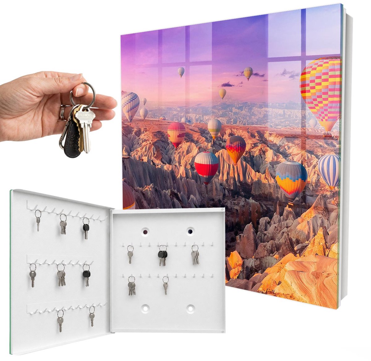 WallMuralia - Sleutelkast - 30x30x5 cm - met 50 haken - Ballonnen In De Lucht Groot Sleutelkastje - Roze Sleutelbox - Linksopenend - Wit interieur