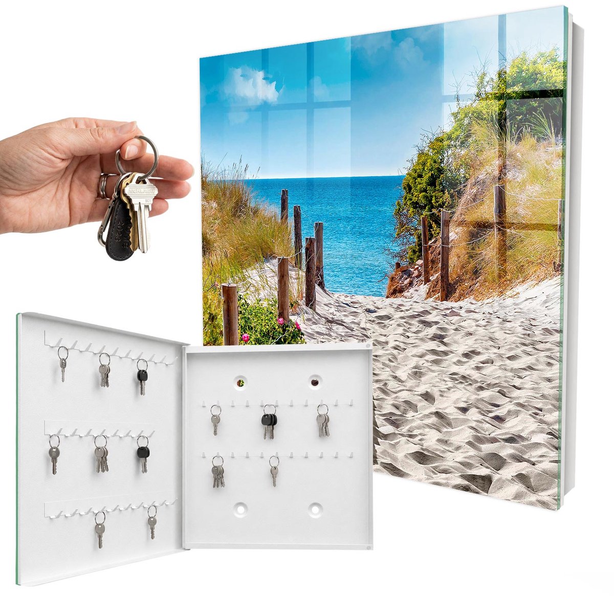 WallMuralia - Sleutelkast - 30x30x5 cm - met 50 haken - Pad Langs De Kust Sleutelkastje Modern - Blauw Sleutelbox - Linksopenend - Wit interieur