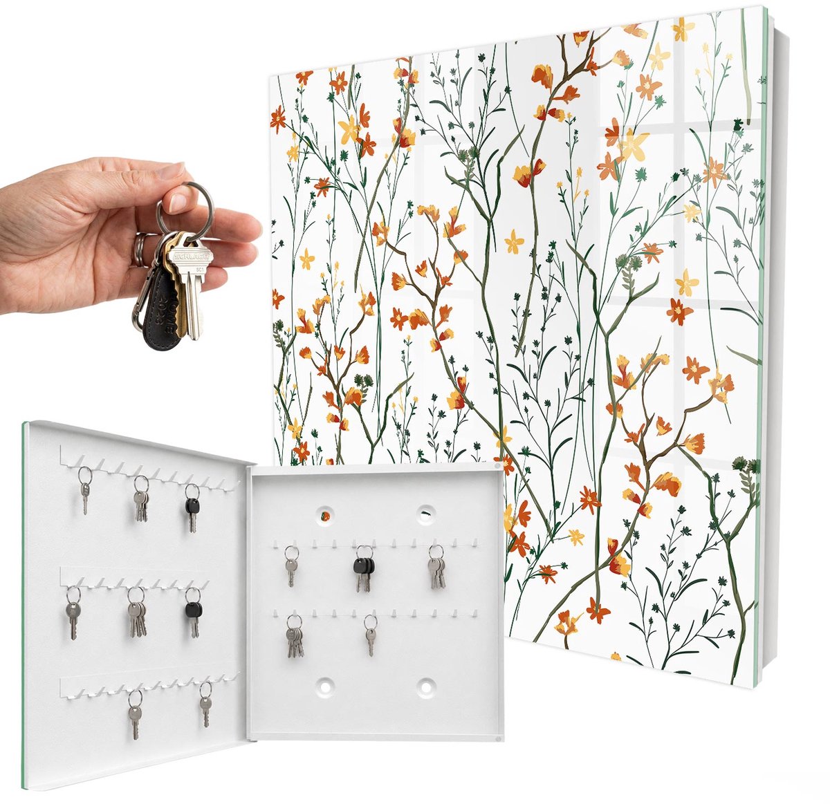 WallMuralia - Sleutelkast - 30x30x5 cm - met 50 haken - Bloemenpatroon Groot Sleutelkastje - Wit Sleutelbox - Linksopenend - Wit interieur