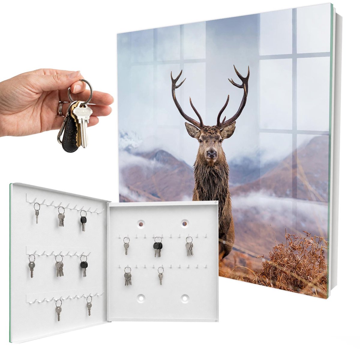 WallMuralia - Sleutelkast - 30x30x5 cm - met 50 haken - Berghert Sleutelkastje Voor Binnen - Bruin Sleutelbox - Linksopenend - Wit interieur