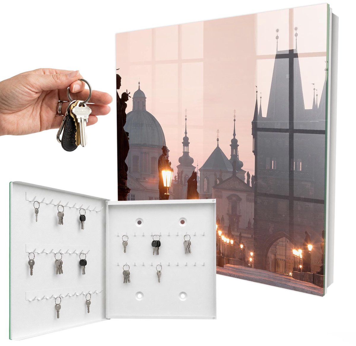 WallMuralia - Sleutelkast - 30x30x5 cm - met 50 haken - Historische Brug Groot Sleutelkastje - Roze Sleutelbox - Linksopenend - Wit interieur