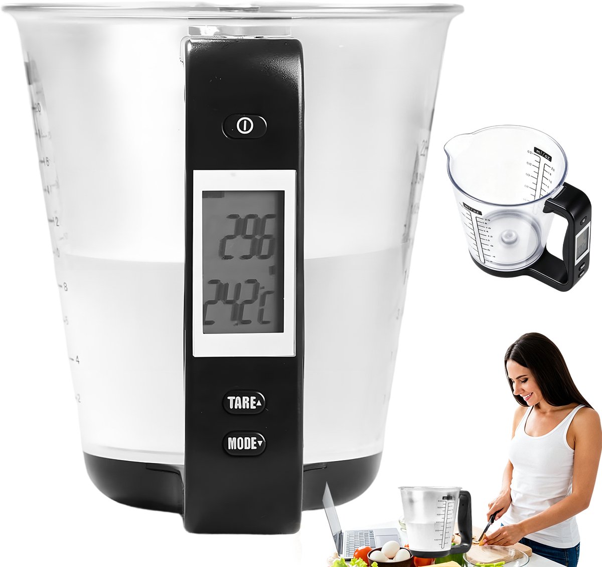 6-in-1 Digitale Maatbeker - 600ml - Tarra & Nulstelling LCD Display - Polycarbonaat & Vaatwasserbestendig - Hoge Precisie Weegsensor - Afneembaar & Lichtgewicht - Voor Bakken, Koken & Afslanken