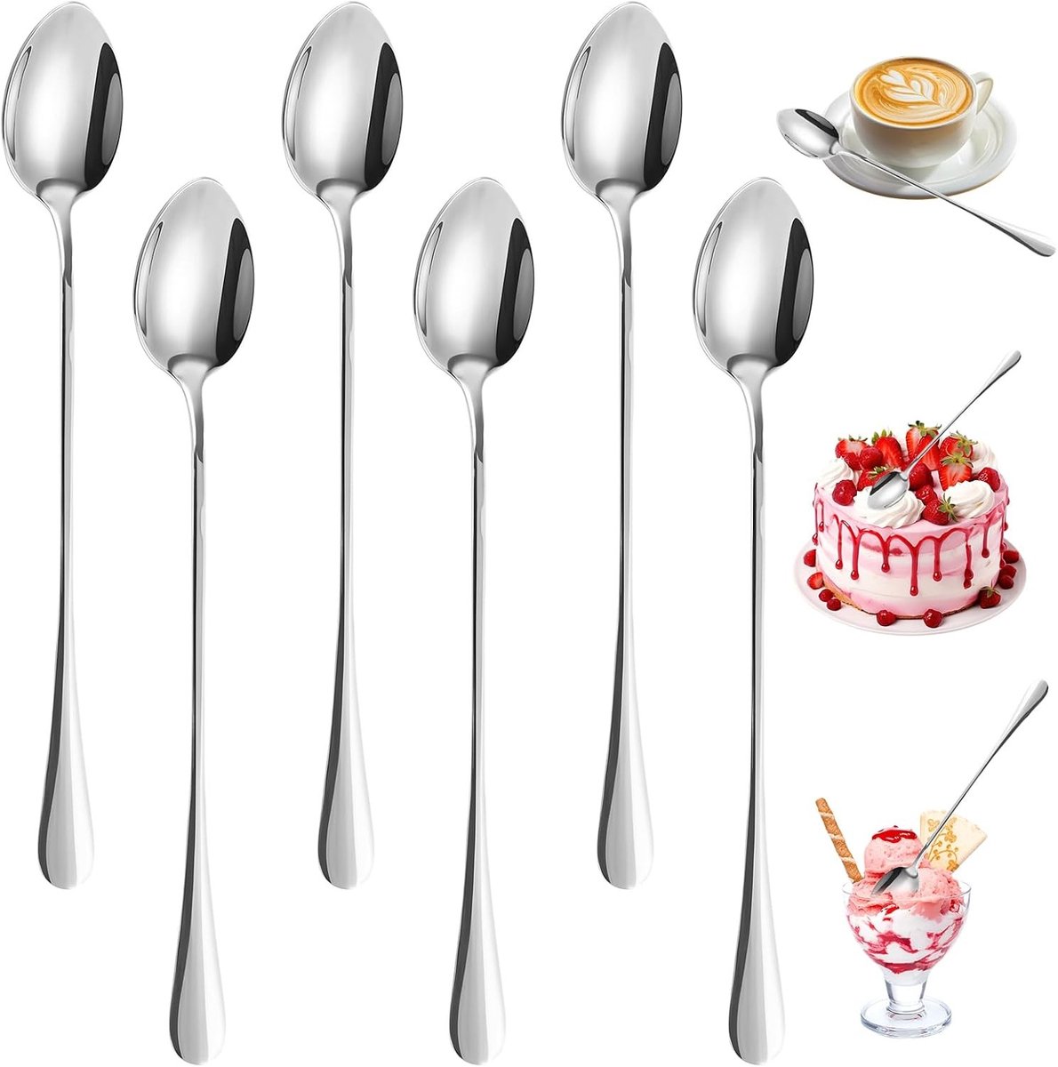 Set van 6 Roestvrijstalen Roerlepels van 19,5 cm voor Ijskoffie, Cocktails en Milkshakes, Vaatwasmachinebestendig en Gepolijst in Spiegelglans
