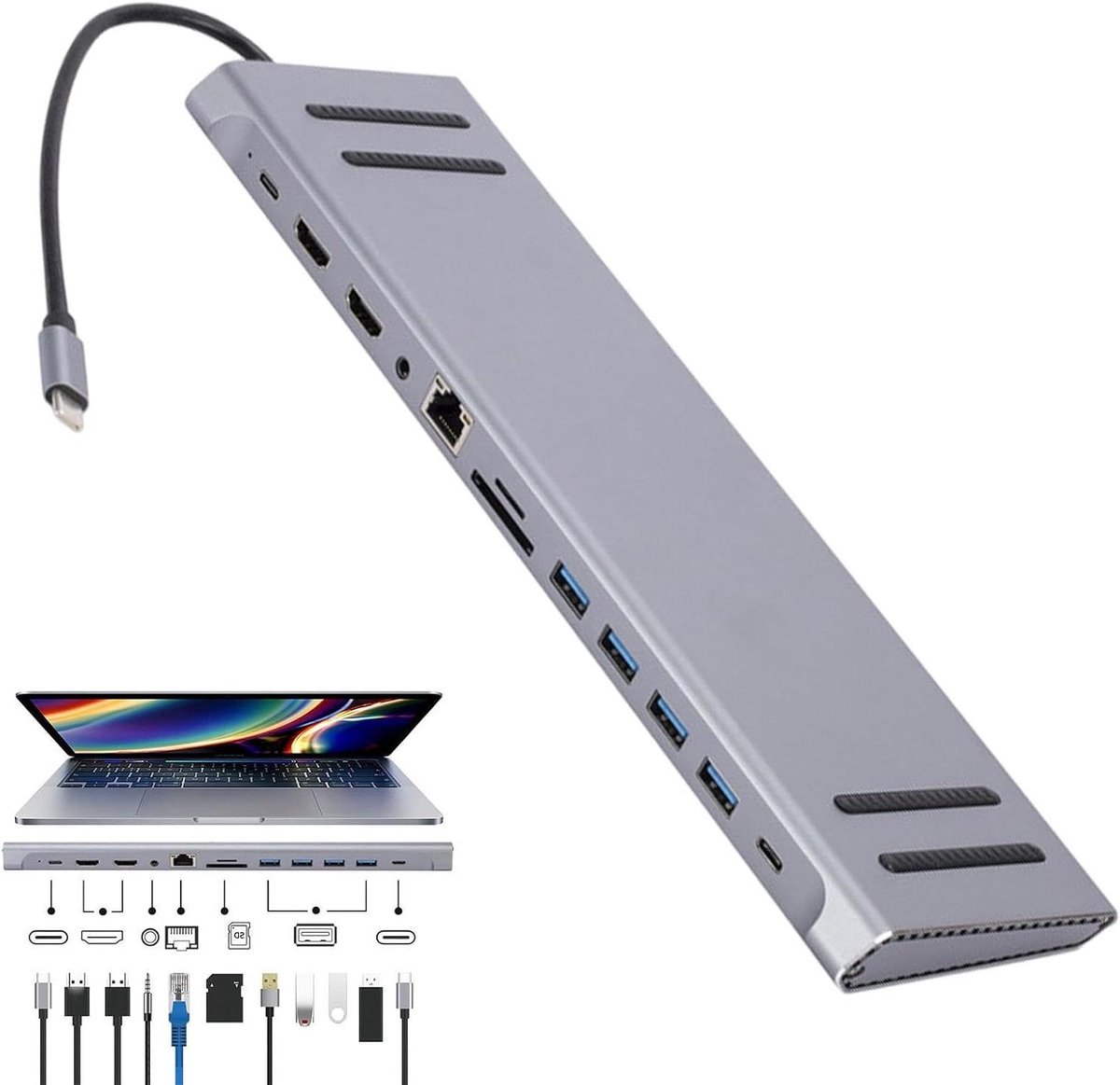 USB C Docking Station - USB Hub Adapter - Computer Uitbreiding - Snelle Gegevensoverdracht - 3 USB 3.0 poorten - Grijs