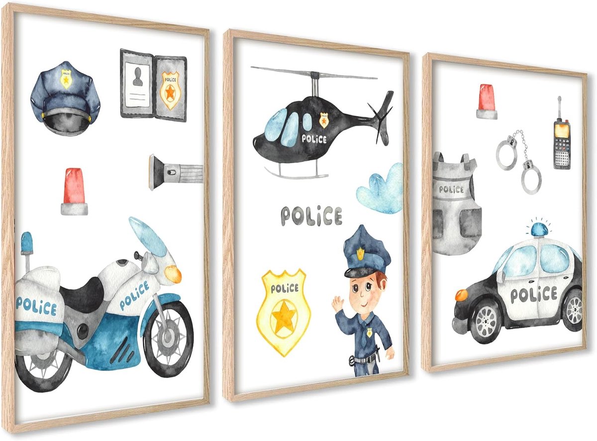 SnelShoppen - Set van 3 Kinderkamer Posters 50x70 cm | Wanddecoratie voor Jongens en Meisjes | Politie Thema | Duurzaam MDF & Hoogwaardige Papier | Mo