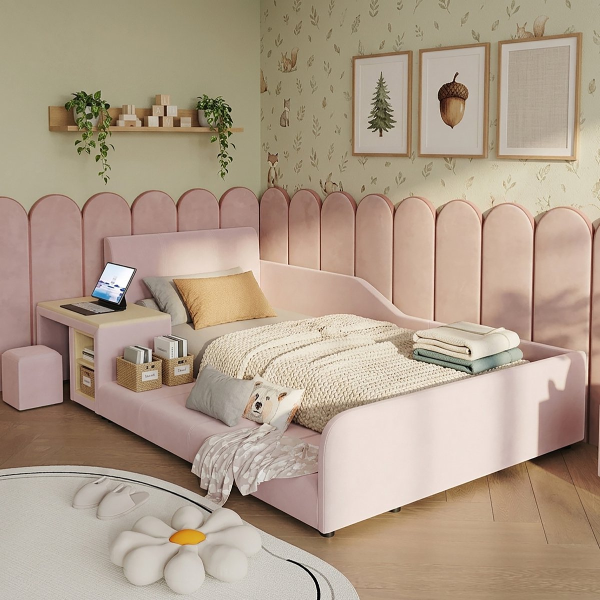 FloraGrace Kinderbed 90x200cm - Eenpersoonsbed Met Bureau En Hocker - Met Opbergruimte En Lattenbodem - Fluweel - Roze - Zonder Matras