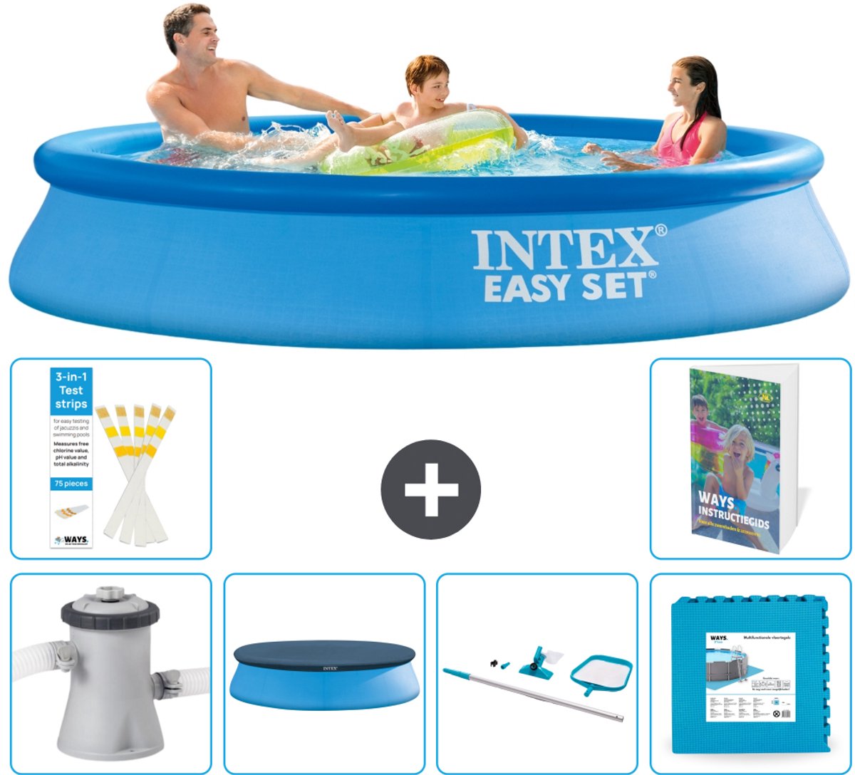 Intex Rond Opblaasbaar Easy Set Zwembad - 305 x 61 cm - Blauw - Inclusief Pomp - Afdekzeil - Schoonmaakset - Vloertegels - 7-delig