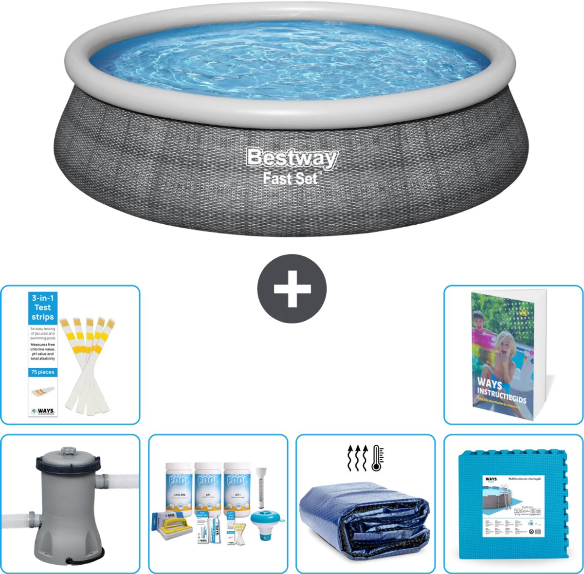 Bestway Rond Opblaasbaar Fast Set Zwembad - Rotanprint - 457 x 84 cm - Inclusief Pomp - Onderhoudspakket - Solarzeil - Vloertegels - 7-delig
