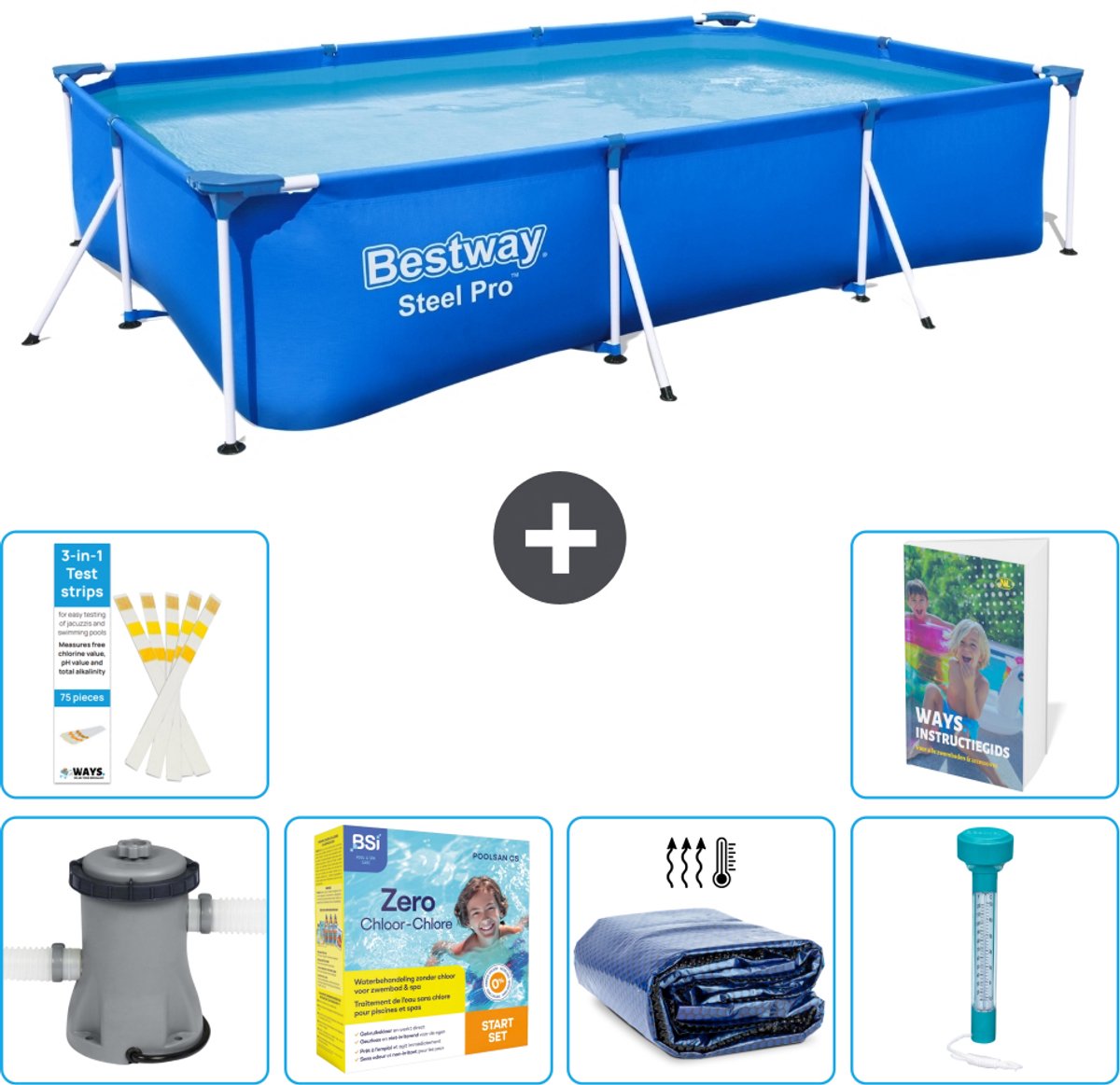 Bestway Rechthoekig Steel Pro Zwembad - 300 x 201 x 66 cm - Blauw - Inclusief Pomp - Onderhoudspakket - Solarzeil - Thermometer - 7-delig