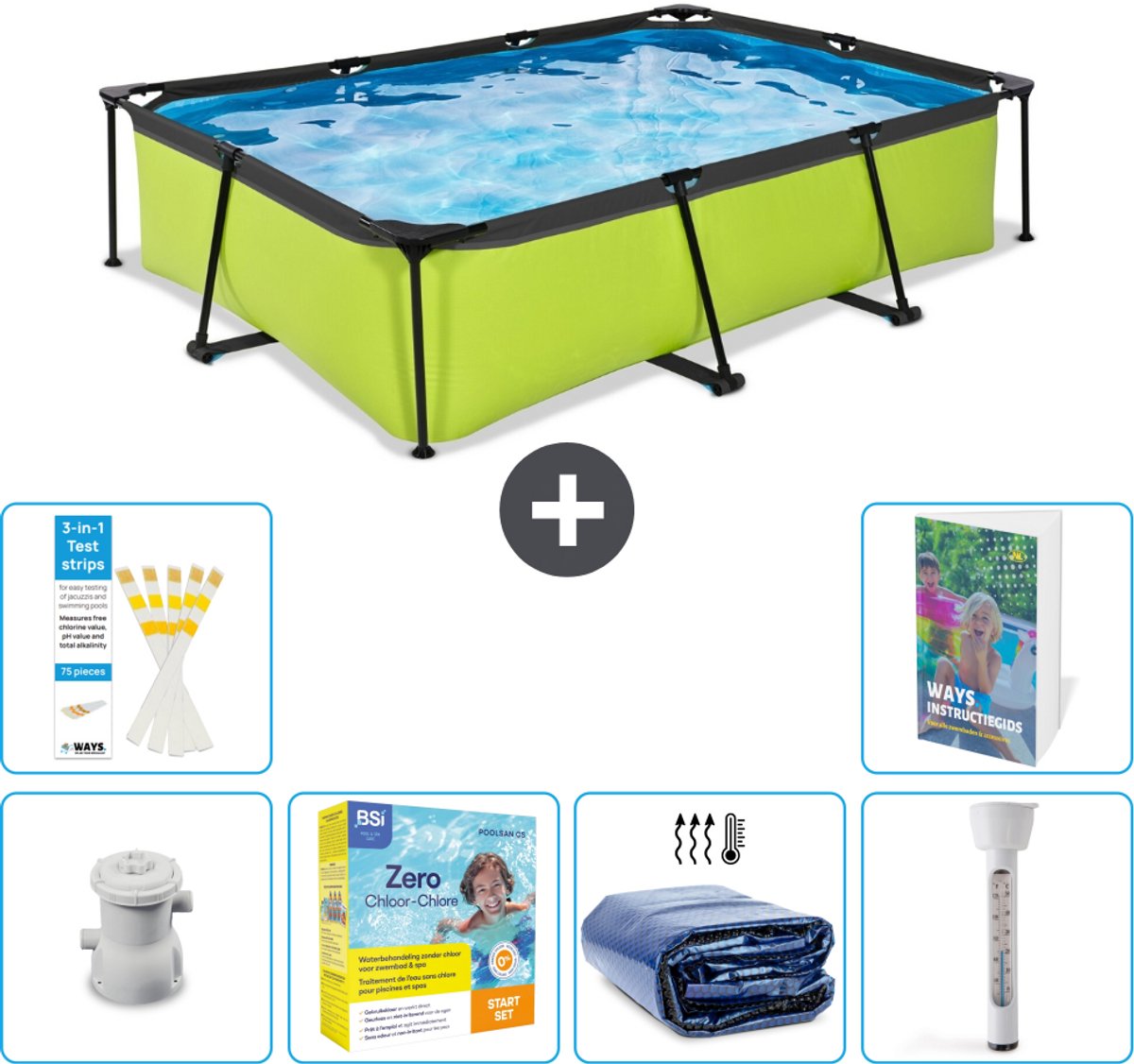 EXIT Rechthoekig Lime Frame Zwembad - 300 x 200 x 65 cm - Inclusief Pomp - Onderhoudspakket - Solarzeil - Thermometer - 7-delig