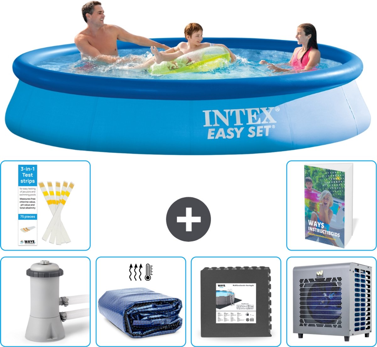Intex Rond Opblaasbaar Easy Set Zwembad - 366 x 76 cm - Blauw - Inclusief Pomp - Solarzeil - Vloertegels - Warmtepomp - 7-delig