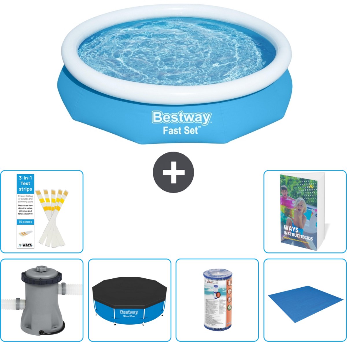 Bestway Rond Opblaasbaar Fast Set Zwembad - 305 x 66 cm - Blauw - Inclusief Pomp - Afdekzeil - Filter - Grondzeil - 7-delig