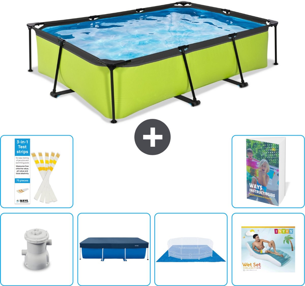 EXIT Rechthoekig Lime Frame Zwembad - 300 x 200 x 65 cm - Inclusief Pomp - Afdekzeil - Grondzeil - Loungebed - 7-delig