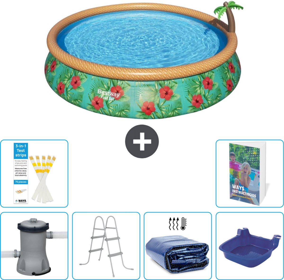 Bestway Rond Opblaasbaar Fast Set Zwembad - Paradijsprint - 457 x 84 cm - Inclusief Pomp - Ladder - Solarzeil - Voetenbad - 7-delig