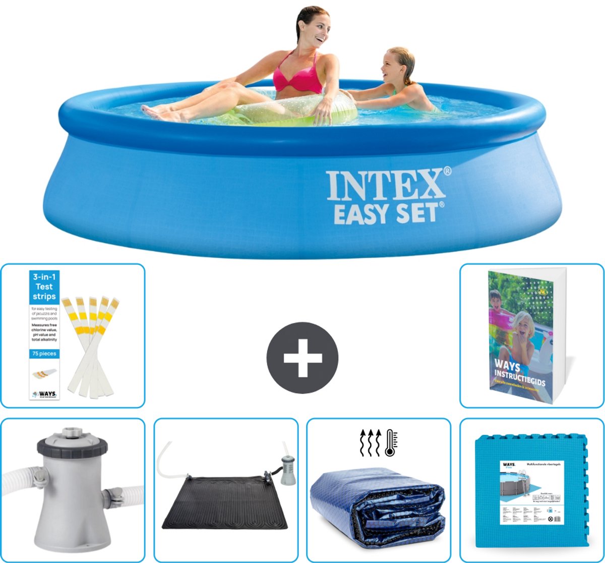 Intex Rond Opblaasbaar Easy Set Zwembad - 244 x 61 cm - Blauw - Inclusief Pomp - Solar Mat - Solarzeil - Vloertegels - 7-delig