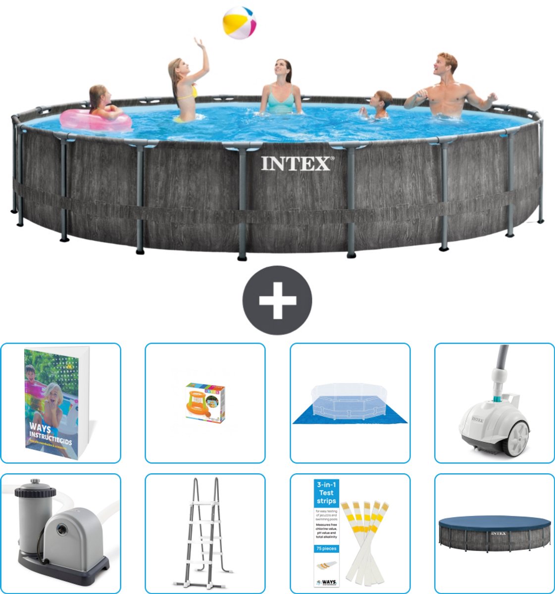 Intex Rond Prism Frame Greywood Zwembad - 549 x 122 cm - Inclusief Pomp - Ladder - Grondzeil - Afdekzeil - Speelgoed - Stofzuiger - 9-delig