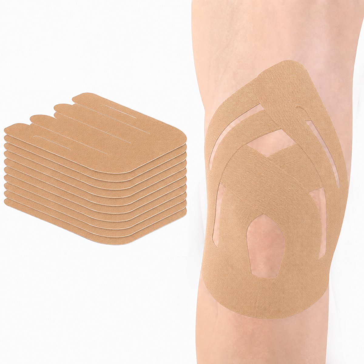 Tolvia Kinesiology Tape Knie - 10 Stuks - Voorgesneden Knie Tape van Katoen, Ademend & Latexvrij, Elastische Sporttape voor Hardlopen, Fitness en Wandelen - Beige