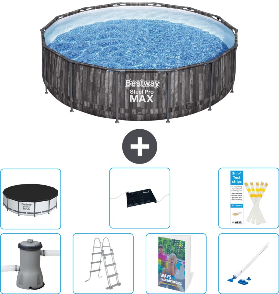 Bestway Rond Steel Pro MAX Zwembad - Houtprint - 427 x 107 cm - Inclusief Pomp - Ladder - Afdekzeil - Solar Mat - Stofzuiger - 8-delig
