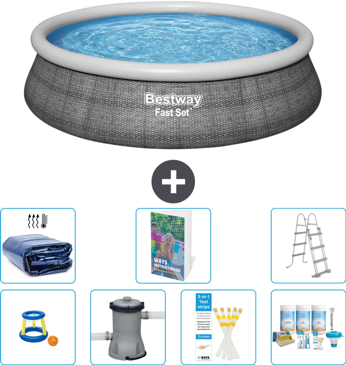 Bestway Rond Opblaasbaar Fast Set Zwembad - Rotanprint - 457 x 107 cm - Inclusief Pomp - Ladder - Onderhoudspakket - Solarzeil - Speelgoed - 8-delig