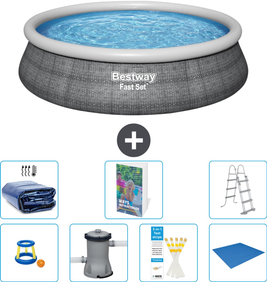Bestway Rond Opblaasbaar Fast Set Zwembad - Rotanprint - 457 x 107 cm - Inclusief Pomp - Ladder - Grondzeil - Solarzeil - Speelgoed - 8-delig