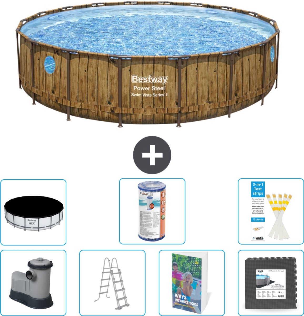 Bestway Rond Power Steel Swim Vista Zwembad - Houtprint - 549 x 122 - Inclusief Pomp - Ladder - Afdekzeil - Filter - Vloertegels - 8-delig