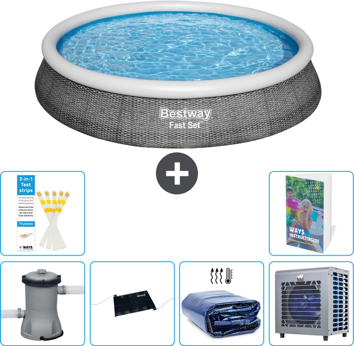 Bestway Rond Opblaasbaar Fast Set Zwembad - Rotanprint - 396 x 84 cm - Inclusief Pomp - Solar Mat - Solarzeil - Warmtepomp - 7-delig