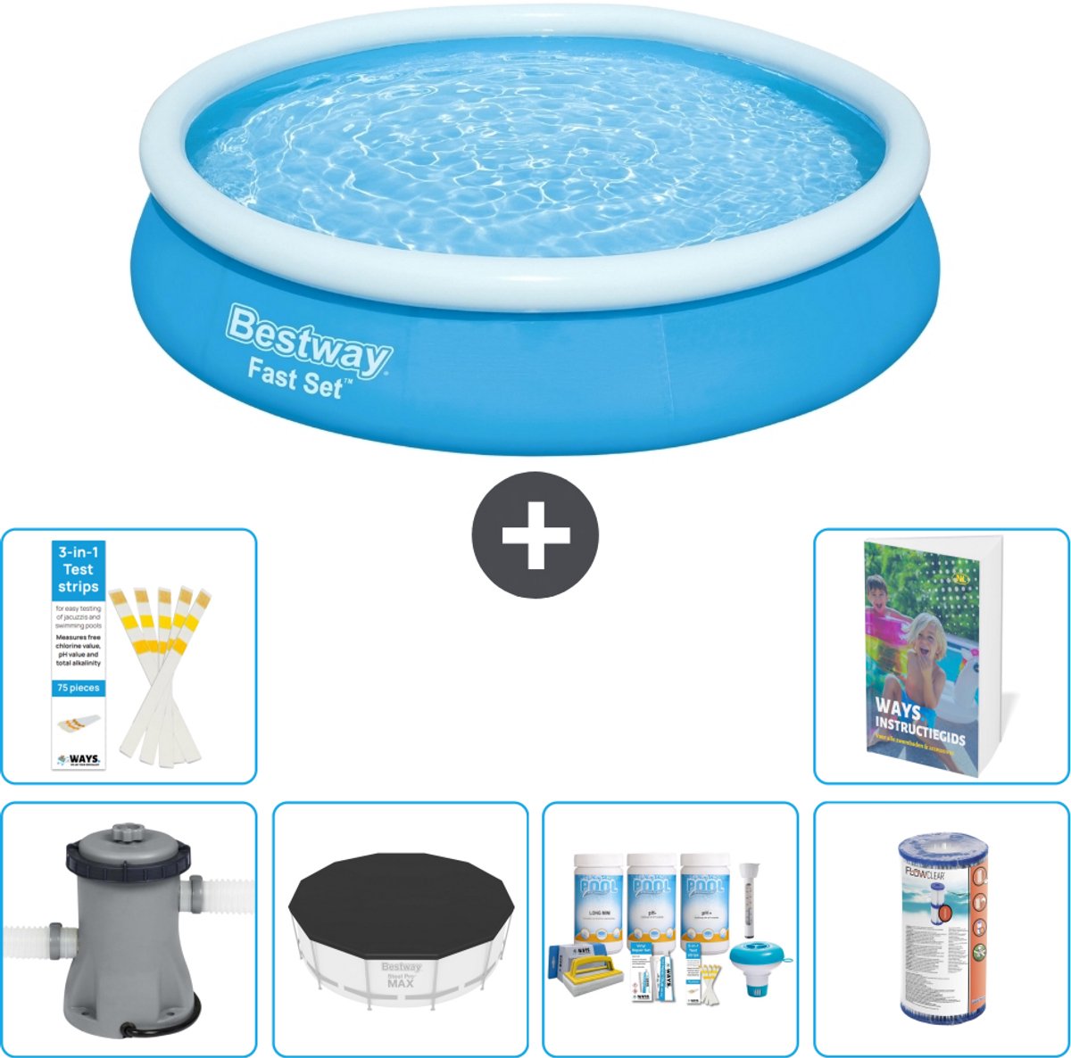 Bestway Rond Opblaasbaar Fast Set Zwembad - 366 x 76 cm - Blauw - Inclusief Pomp - Afdekzeil - Onderhoudspakket - Filter - 7-delig